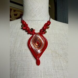 Stunning Red & Gold Art Glass Statement Necklace